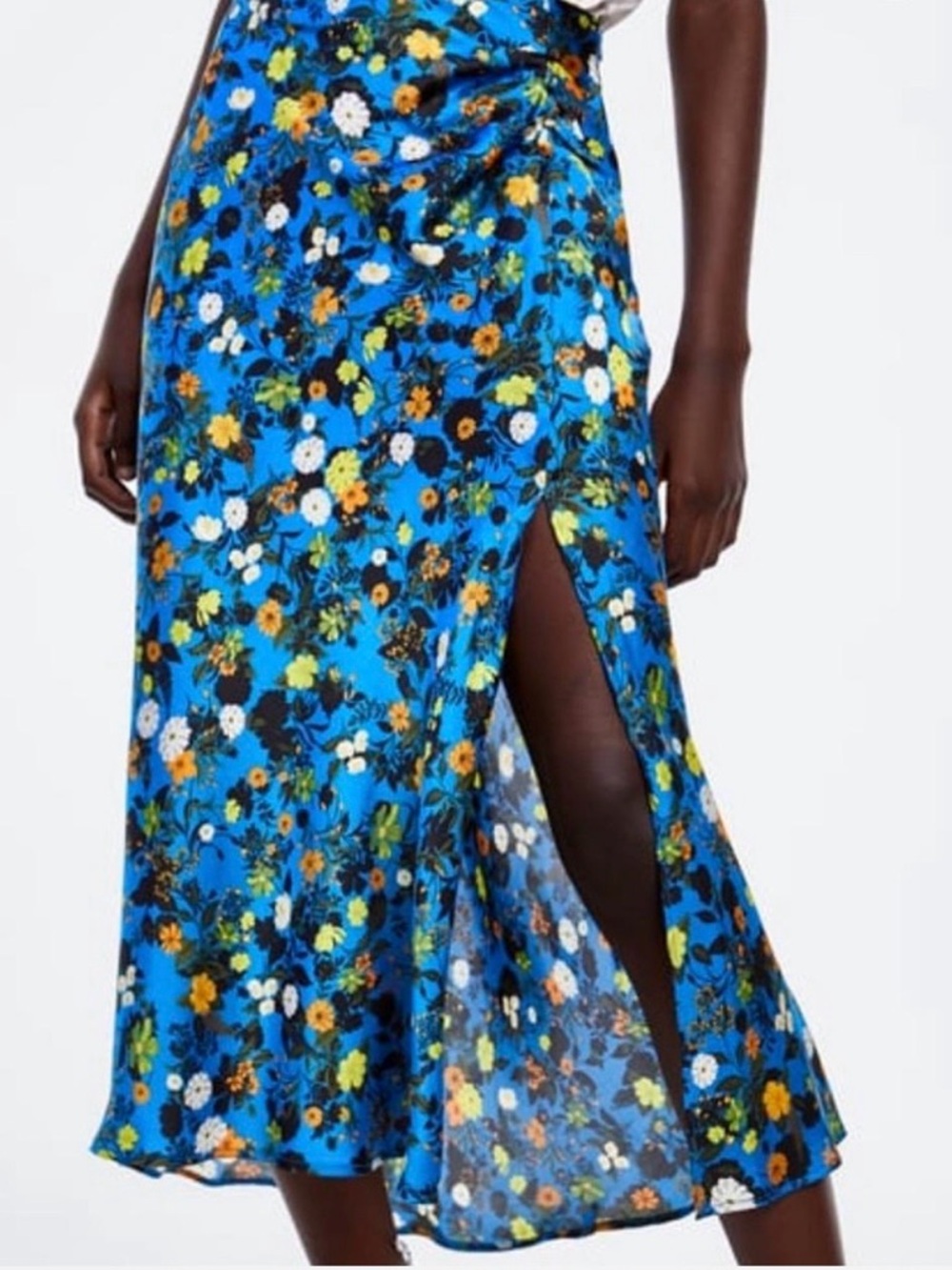 Zara Blue Floral Midi Silky Skirt SZ Small Flowy Multicolor Coquette EUC